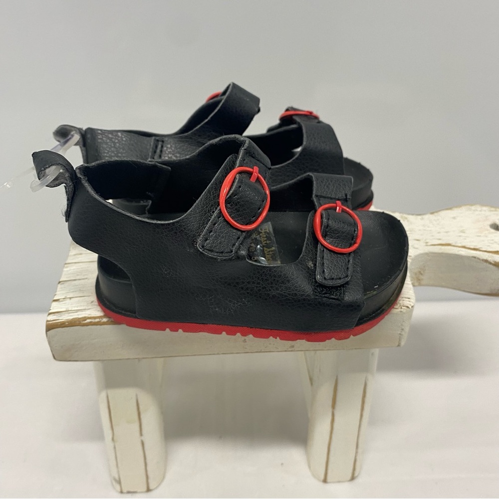 Kids First Steps Black Sandals with Red Buckles - Comfortable Open-Toe Toddler 5